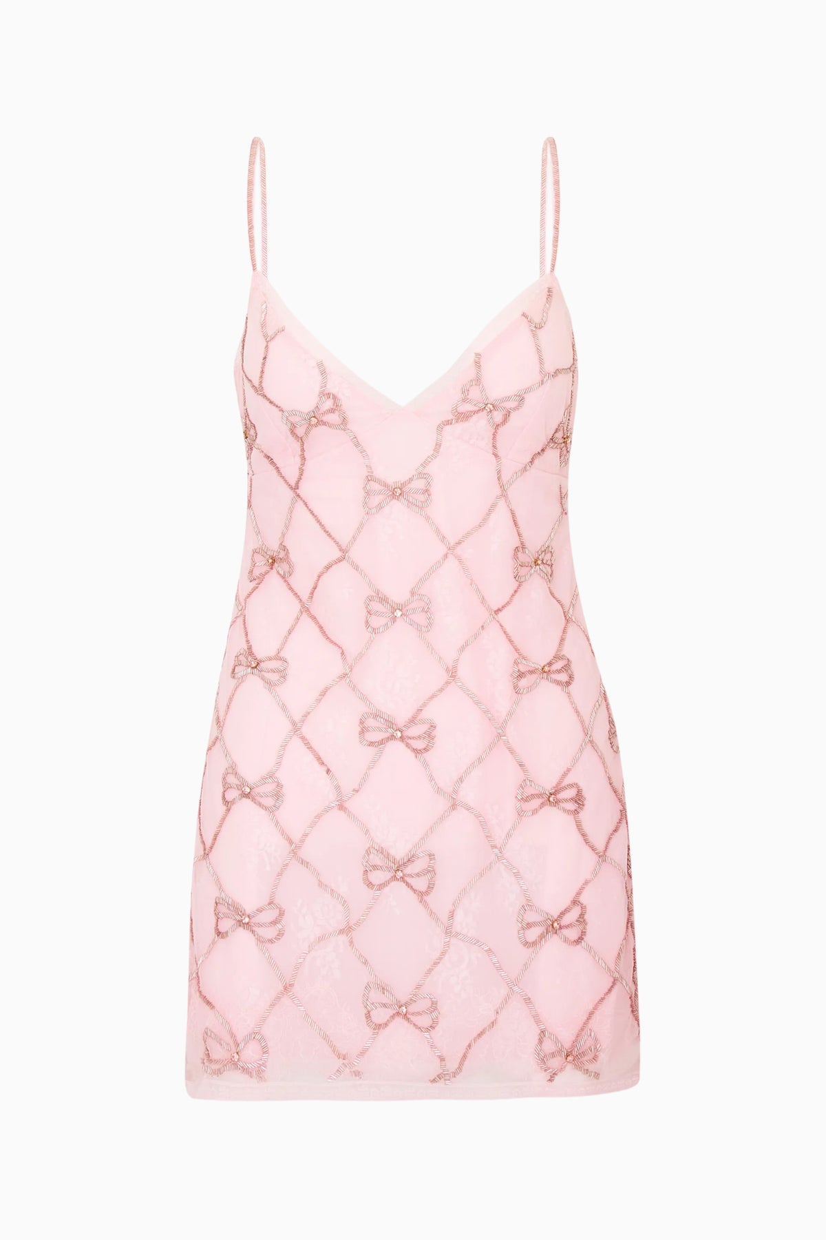 Pink beaded bow mini dress with spaghetti straps, quilted diamond pattern