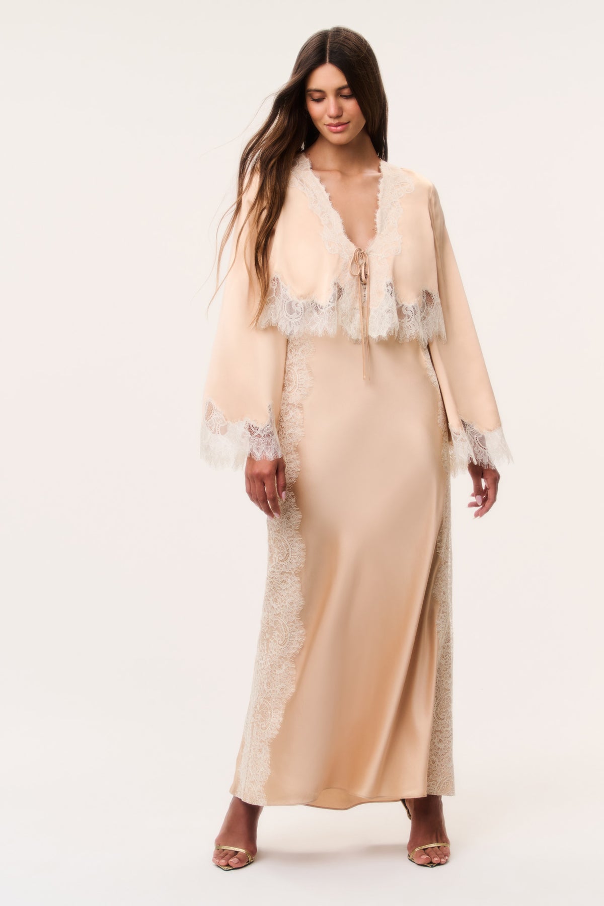 Silk-blend top dress-style silhouette with lace trim and long sleeves, pale gold