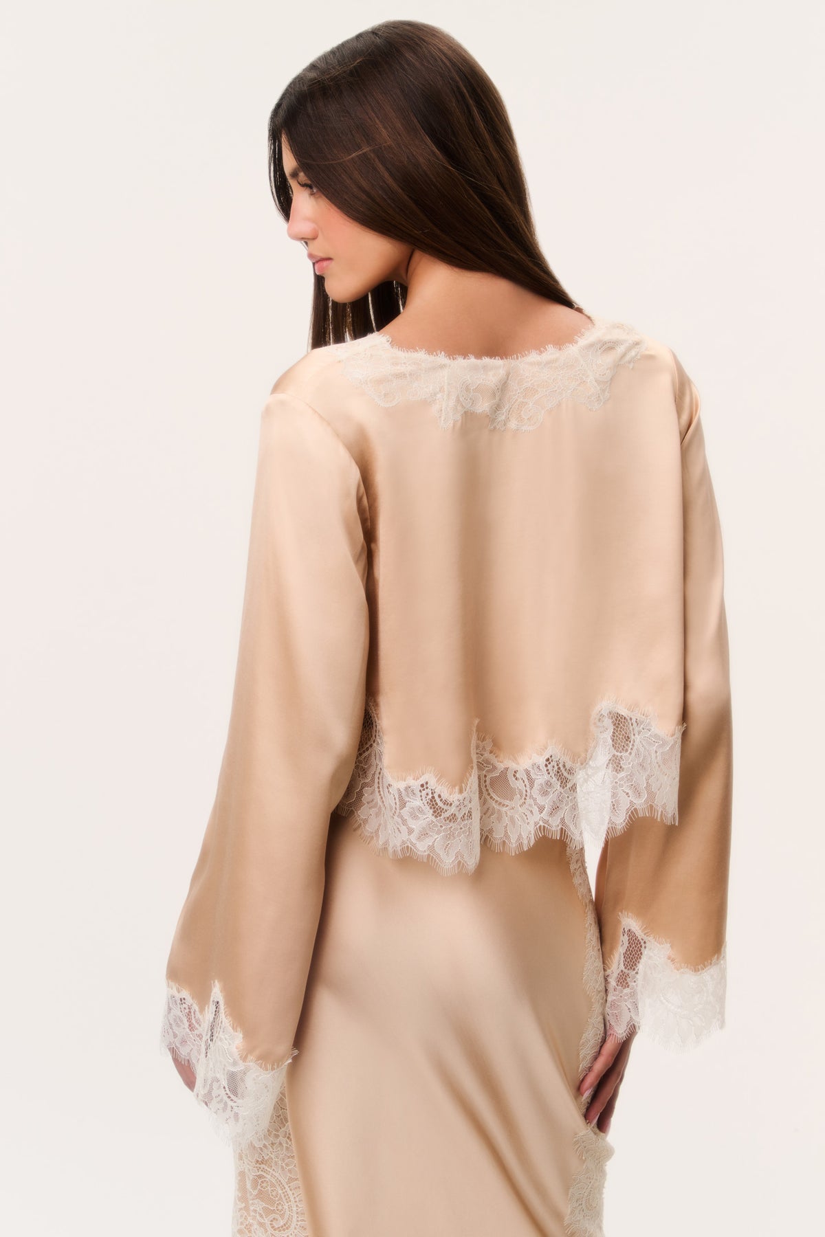 Silk-blend top with lace back yoke and long sleeves in pale gold tone