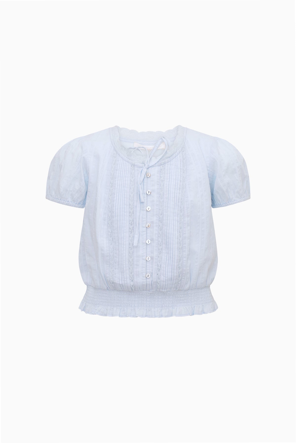 Light blue girls cotton top with short sleeves, button placket, embroidered front and ruffled hem