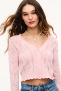 Pink pointelle cardigan with heart-and-floral motif, scalloped neckline, button closure