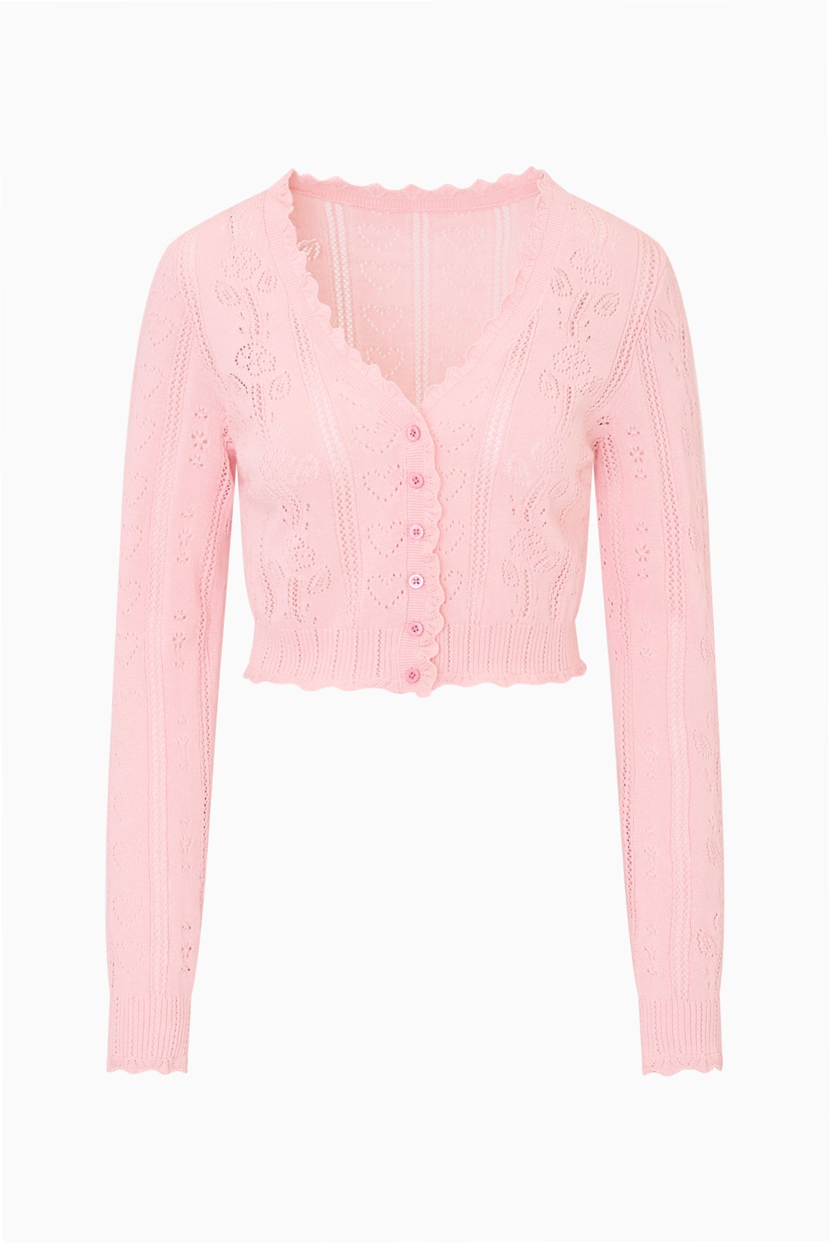 Pink pointelle floral cardigan, button-front, scalloped V neckline, long sleeves