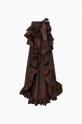 High-low taffeta skirt in dark espresso brown with ruched center and ruffled tiers