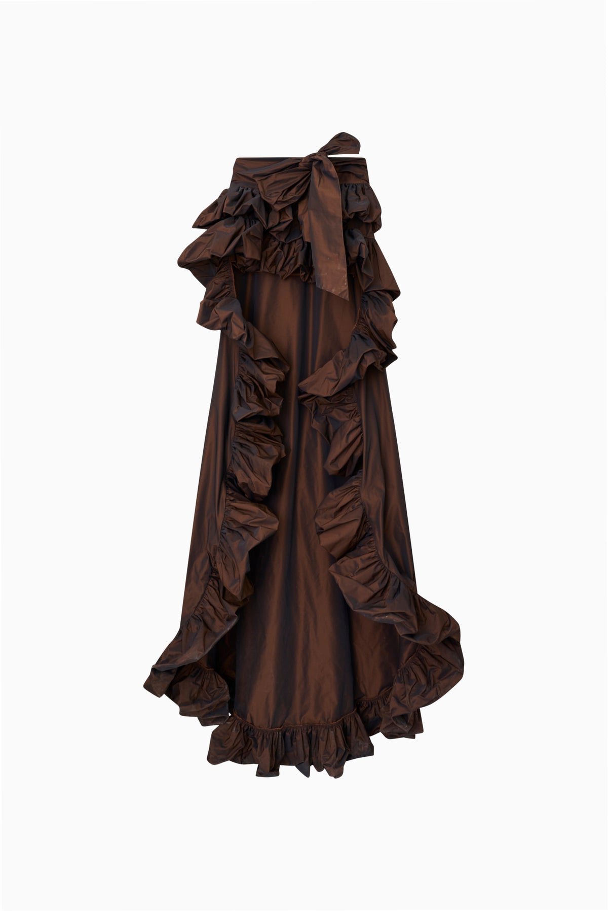 High-low taffeta skirt in dark espresso brown with ruched center and ruffled tiers