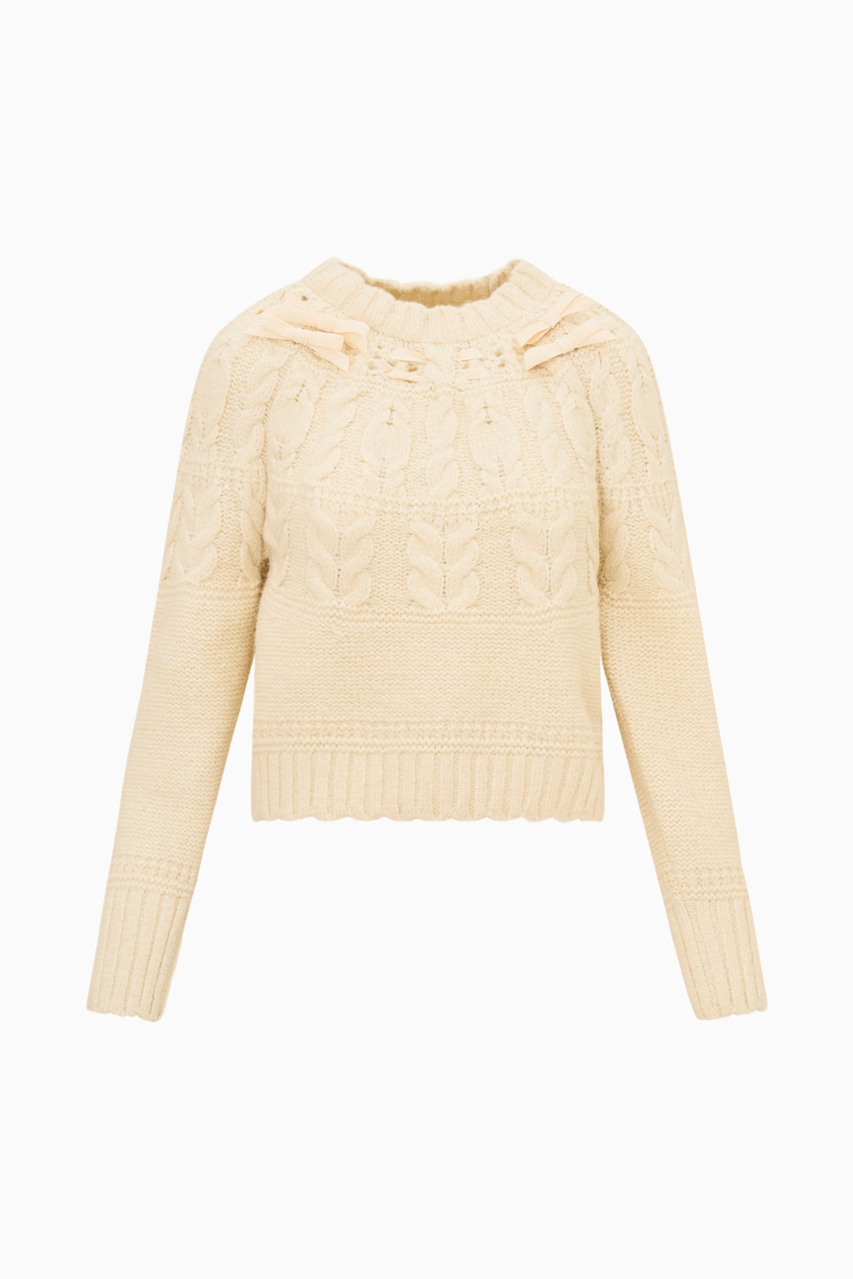 Ivory knit cotton pullover flat lay, textured yoke and ribbed long sleeves