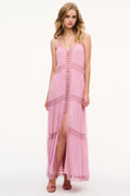 Pink chiffon maxi dress with lace overlay, layered skirt and center button placket