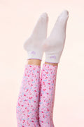Doyenne cotton bow ankle socks, white with pink patterned legs and pink bow cuff