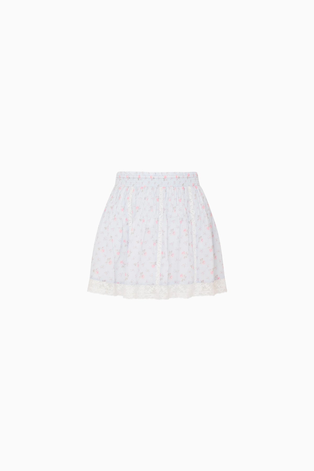 Girls floral cotton mini skirt with gathered waist and ruffled hem, light ivory