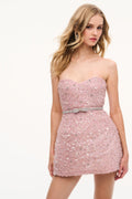 Violet strapless sequin mini dress with glittering waistband and fitted bodice