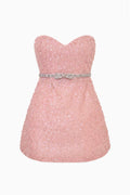 Violet sequin mini dress flat lay, sweetheart strapless bodice and flared skirt