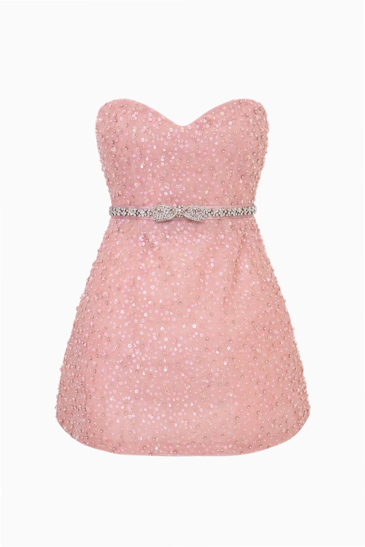 Violet sequin mini dress flat lay, sweetheart strapless bodice and flared skirt