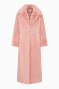 Smoky mauve long faux fur coat, shawl collar and open V neckline