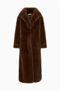 Long dark brown faux fur coat with notched collar and buttoned front