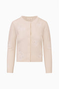 Ivory wool lace cardigan sweater with button front and floral lace patches