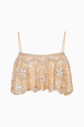 Standalone sunlit sand beaded sequin crop top with spaghetti straps and ruffled hem