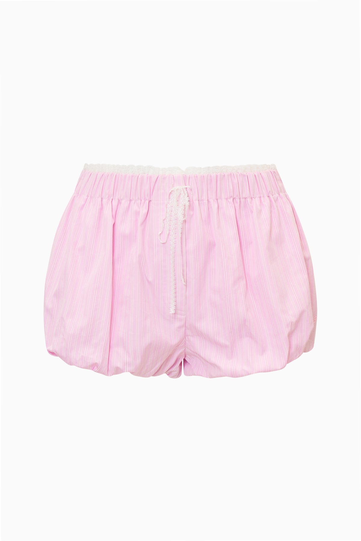 Pink pinstripe bloomer shorts with elastic waist and gathered hem