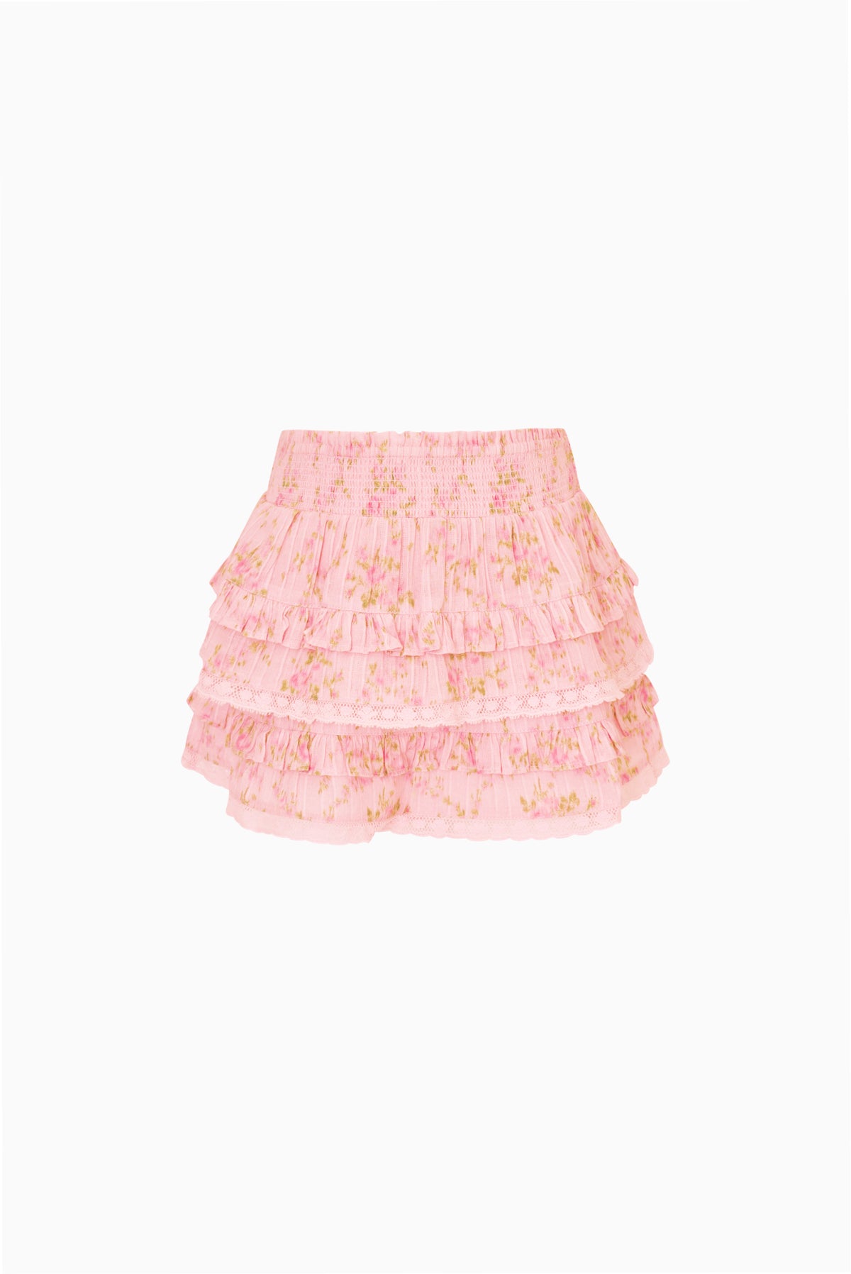 Girls' pink floral ruffled mini skirt with tiered layers