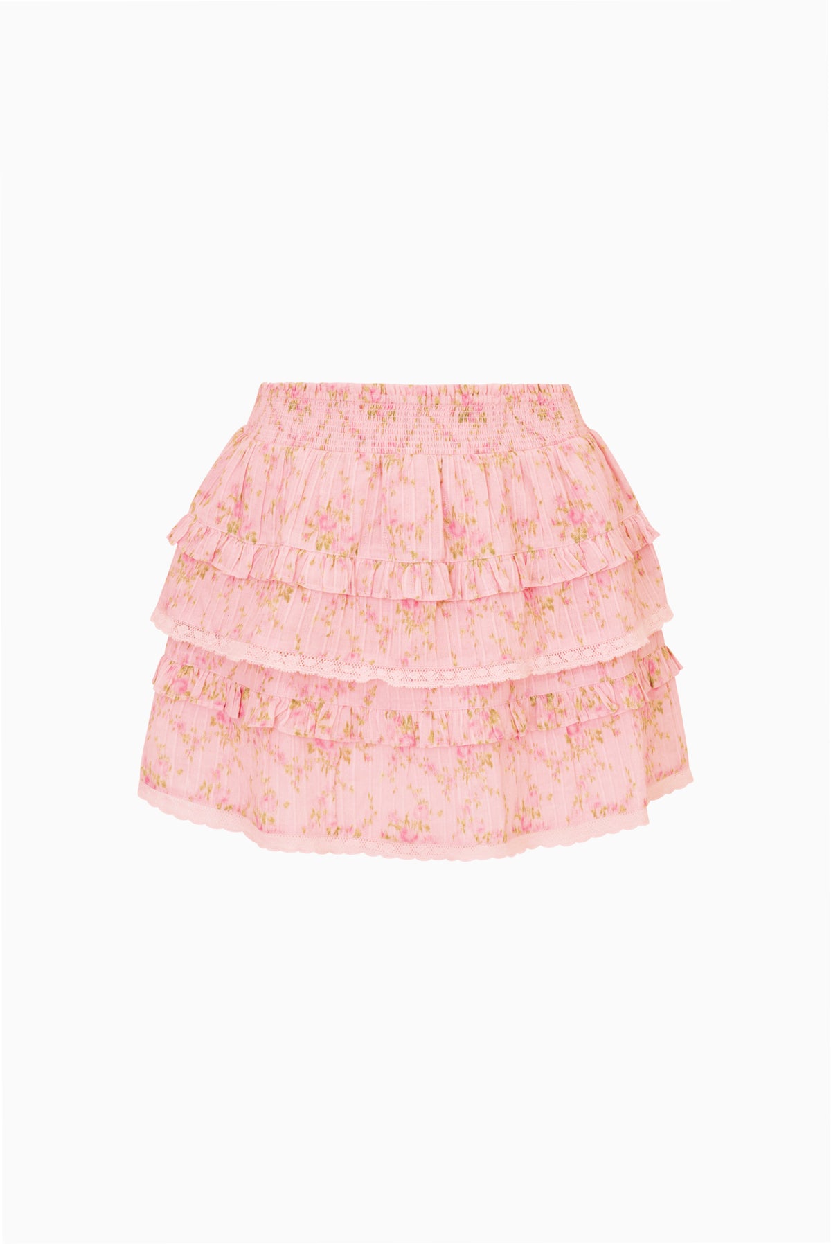 Pink floral tiered ruffle mini skirt with elastic waist