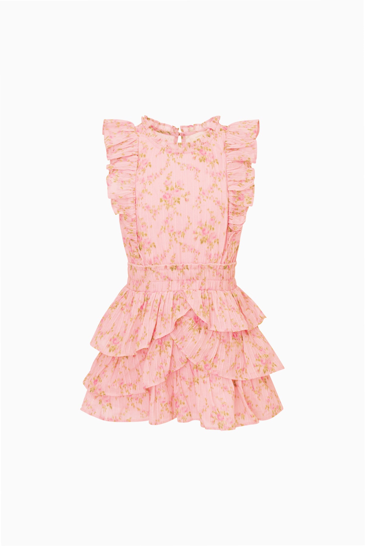 Pink floral tiered ruffle dress for girls, cap sleeves, button front