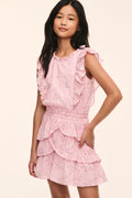 Girls pink floral ruffle peplum dress with tiered skirt and flutter cap sleeves.