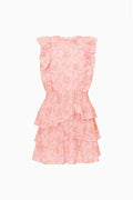 Pink floral tiered ruffle mini dress with short flutter sleeves and gathered waist.