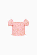 Girls' pink floral ruffle top with short puff sleeves and square neckline