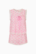 Pink heart-print sleeveless pajama set with ruffled trim and matching shorts