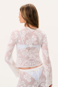 White sheer lace top with floral back pattern and long sleeves, V-neckline