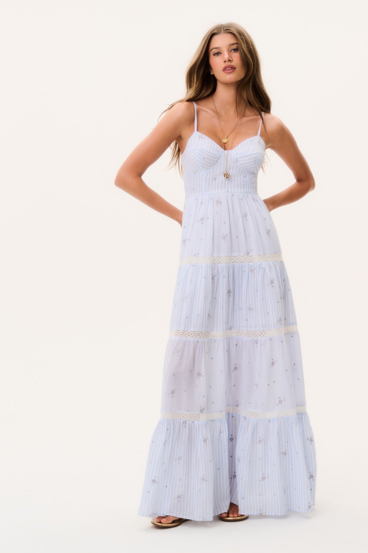 Sky mist tiered cotton maxi dress, spaghetti straps, button front, striped bodice