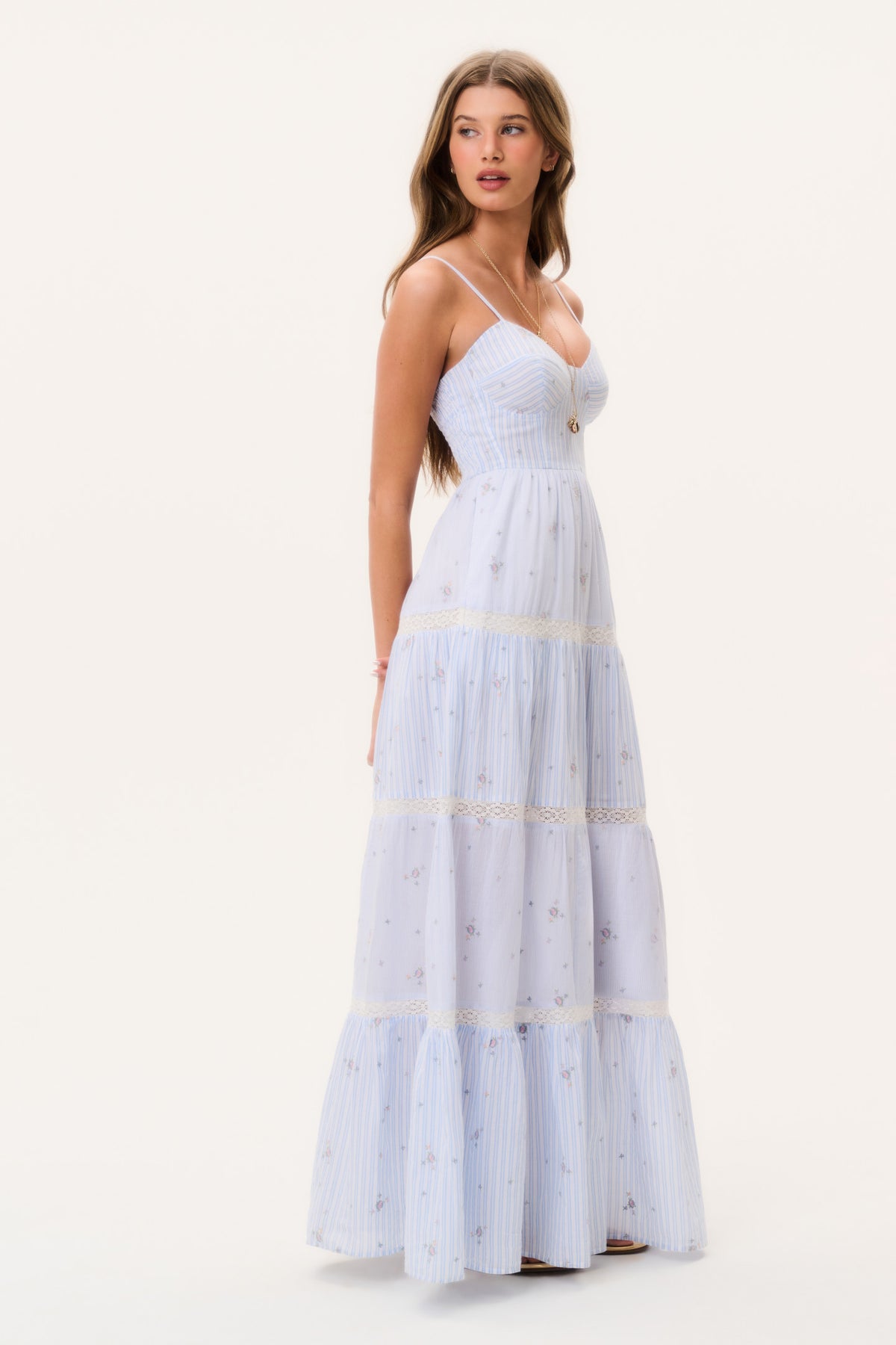 Sky mist cotton maxi dress with tiered skirt and V-neck spaghetti straps