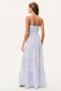 Back view of sky mist cotton maxi dress, spaghetti straps, tiered ruffle skirt