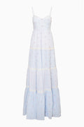 Sky mist tiered cotton maxi dress on mannequin, thin straps, buttoned bodice