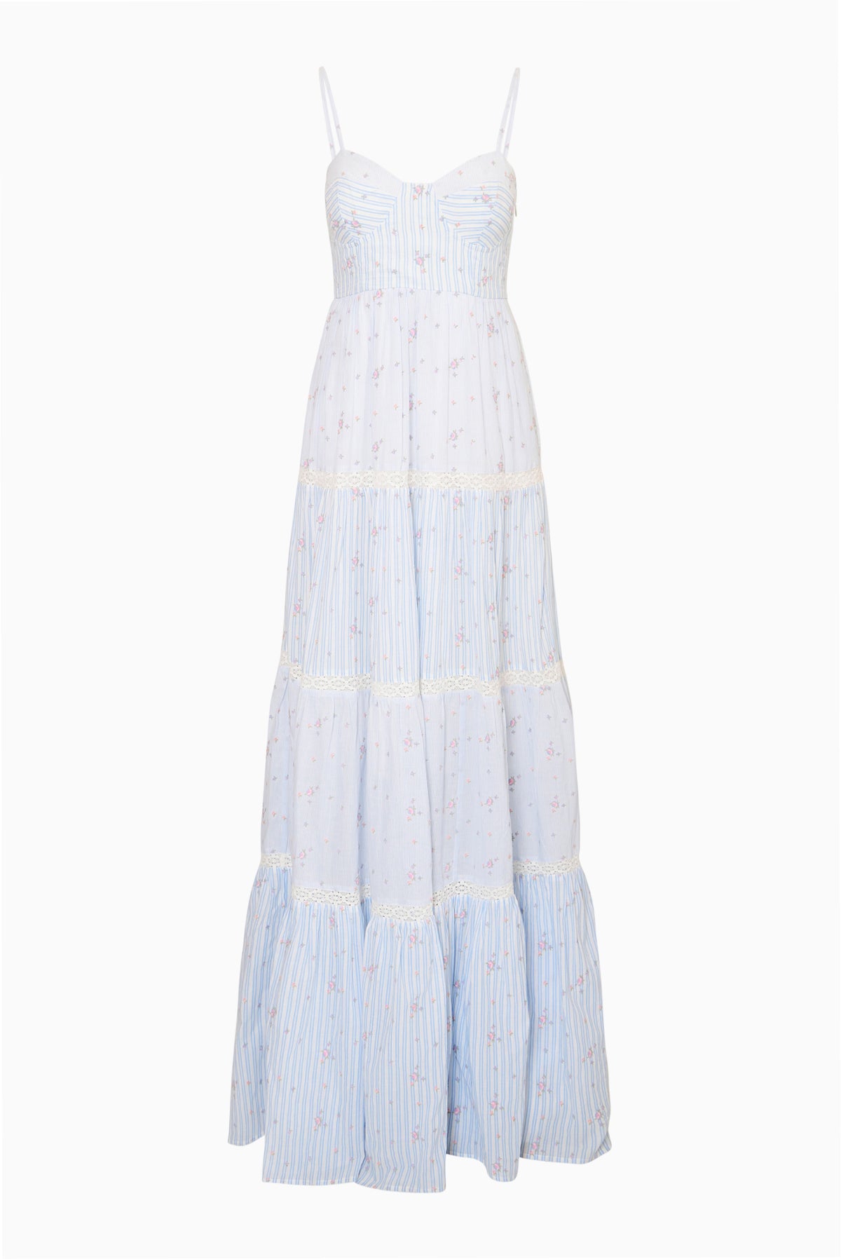 Sky mist tiered cotton maxi dress on mannequin, thin straps, buttoned bodice