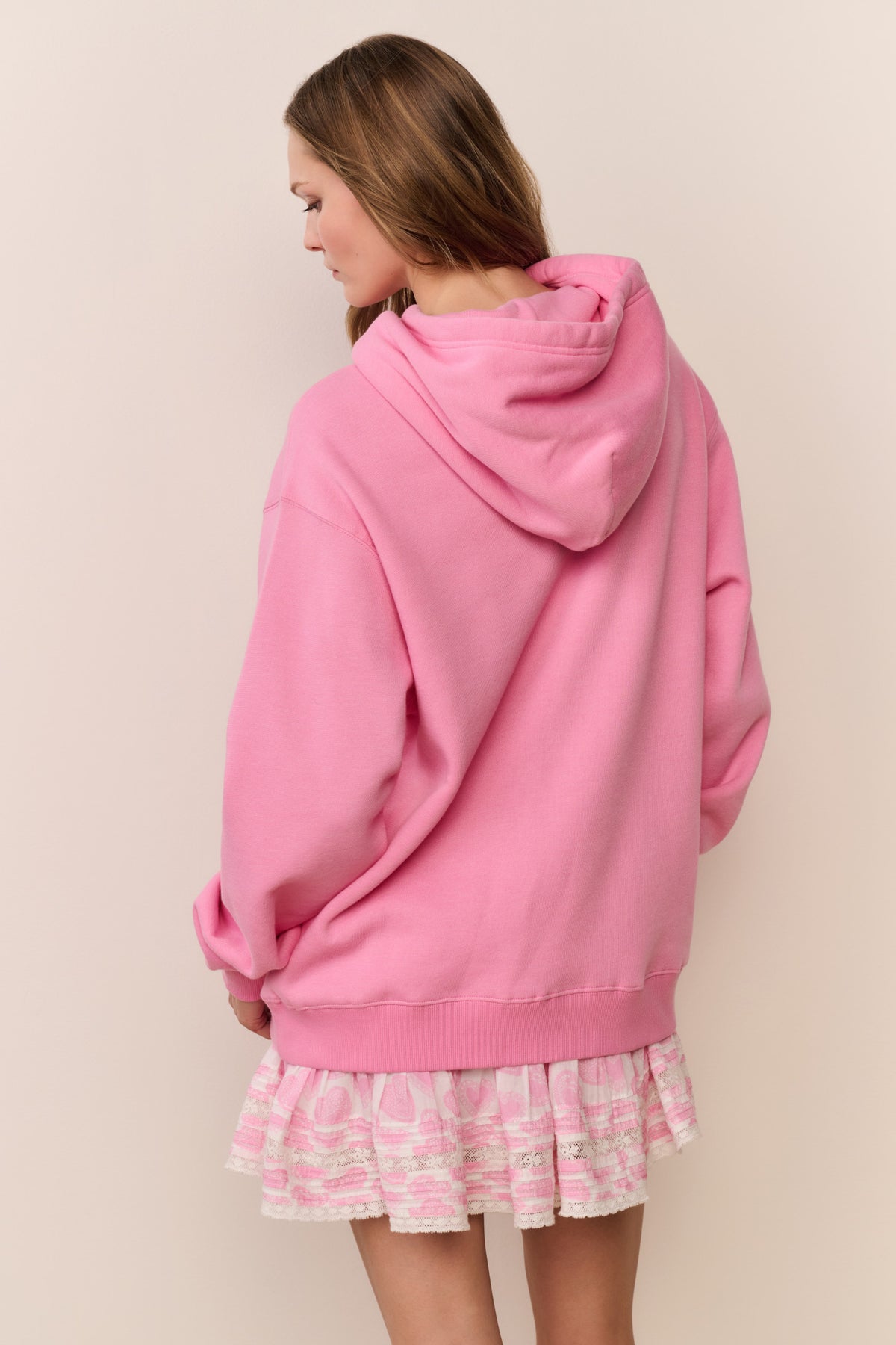 Pink fleece hoodie back with hood drawstrings and kangaroo pocket