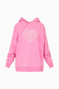 Pink fleece hoodie with heart lace-style applique, hood drawstrings, kangaroo pocket