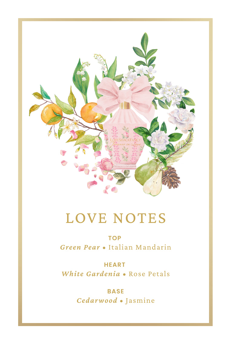 Eau de parfum love notes card with green pear, gardenia, cedarwood, and jasmine