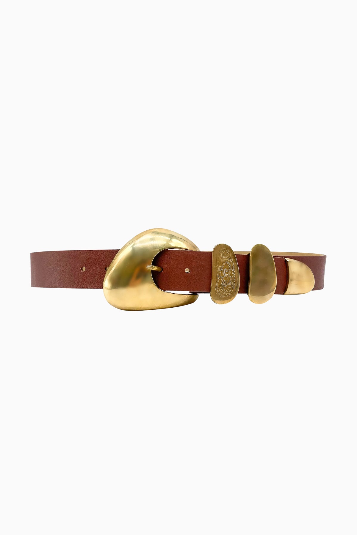 Cognac leather belt with oval gold buckle and engraved center detail