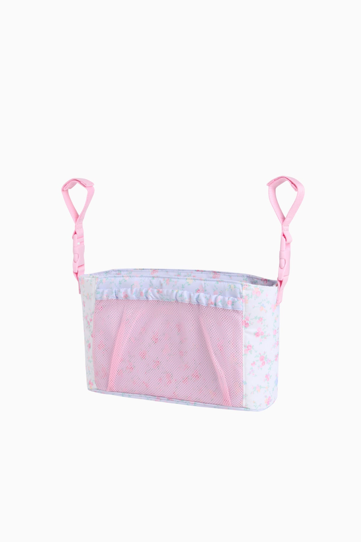 Light blue floral stroller organizer with pink side straps and mesh pocket