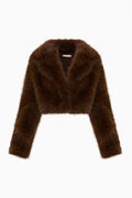 Dark brown cropped faux fur jacket with V-neck and long sleeves