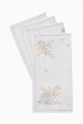 Floral hanky napkin set of 4, white with pastel pink and yellow flower print, pink edging