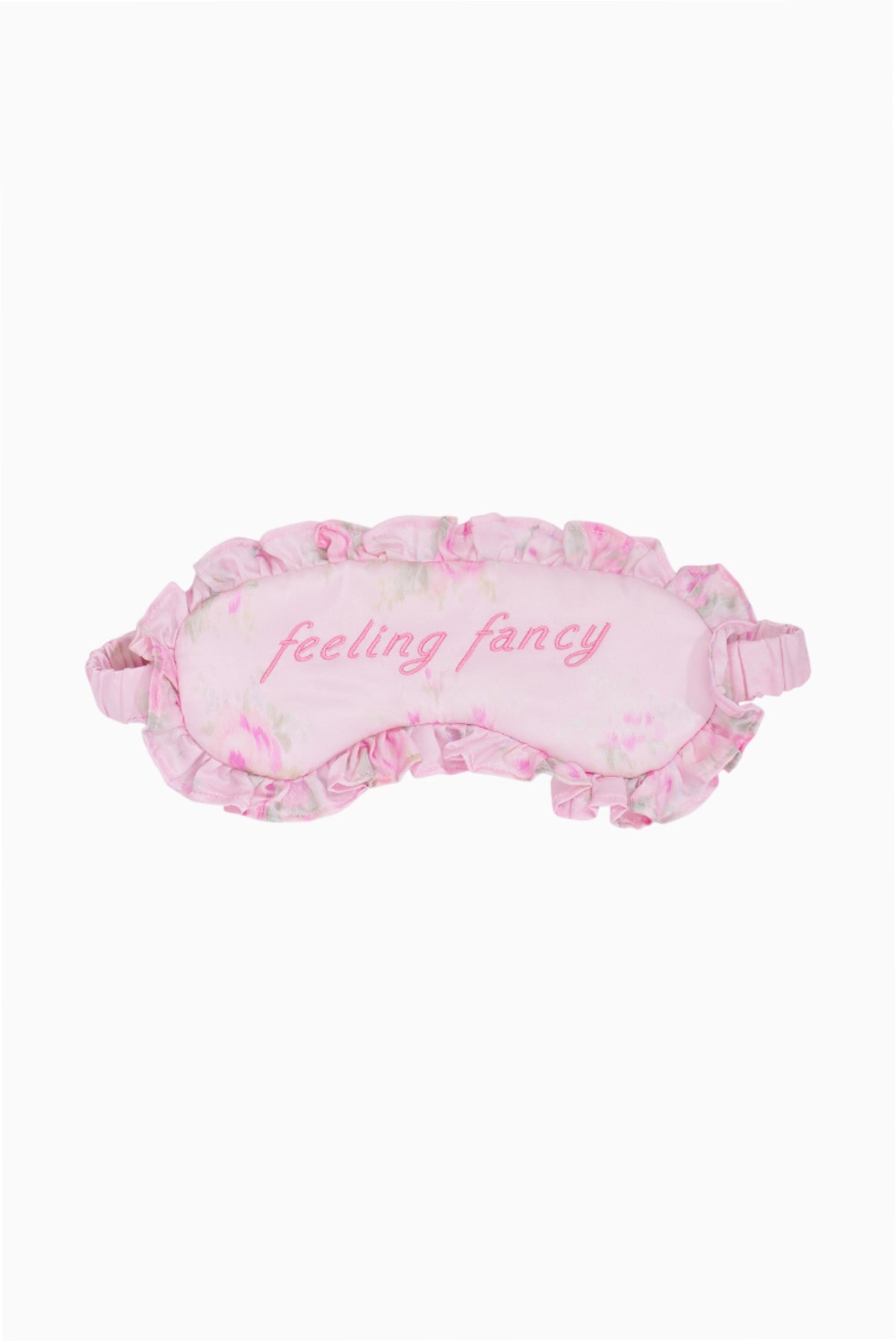Pink ruffled eye mask with 'feeling fancy' print and elastic straps