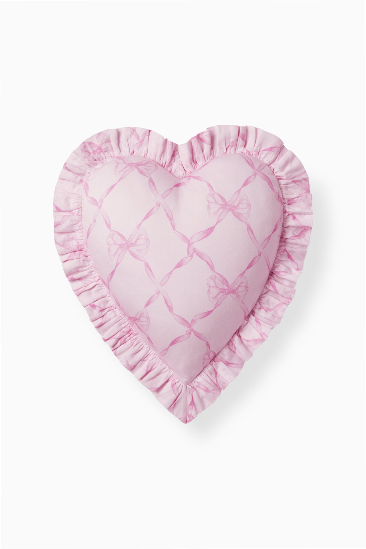 Pink heart pillow with ruffled border and bow-patterned heart front