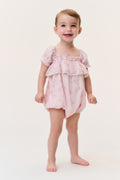 Baby ditsy floral pinafore romper, light pink, front ruffled bodice and shorts