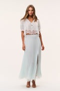 Silk chiffon maxi skirt in pale eau de nil with lace-trim hem and front slit