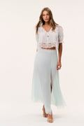 Silk chiffon maxi skirt in pale eau de nil with lace-trim hem and center front slit
