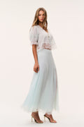 Silk chiffon maxi skirt in pale eau de nil with lace-trim hem and flowing maxi length