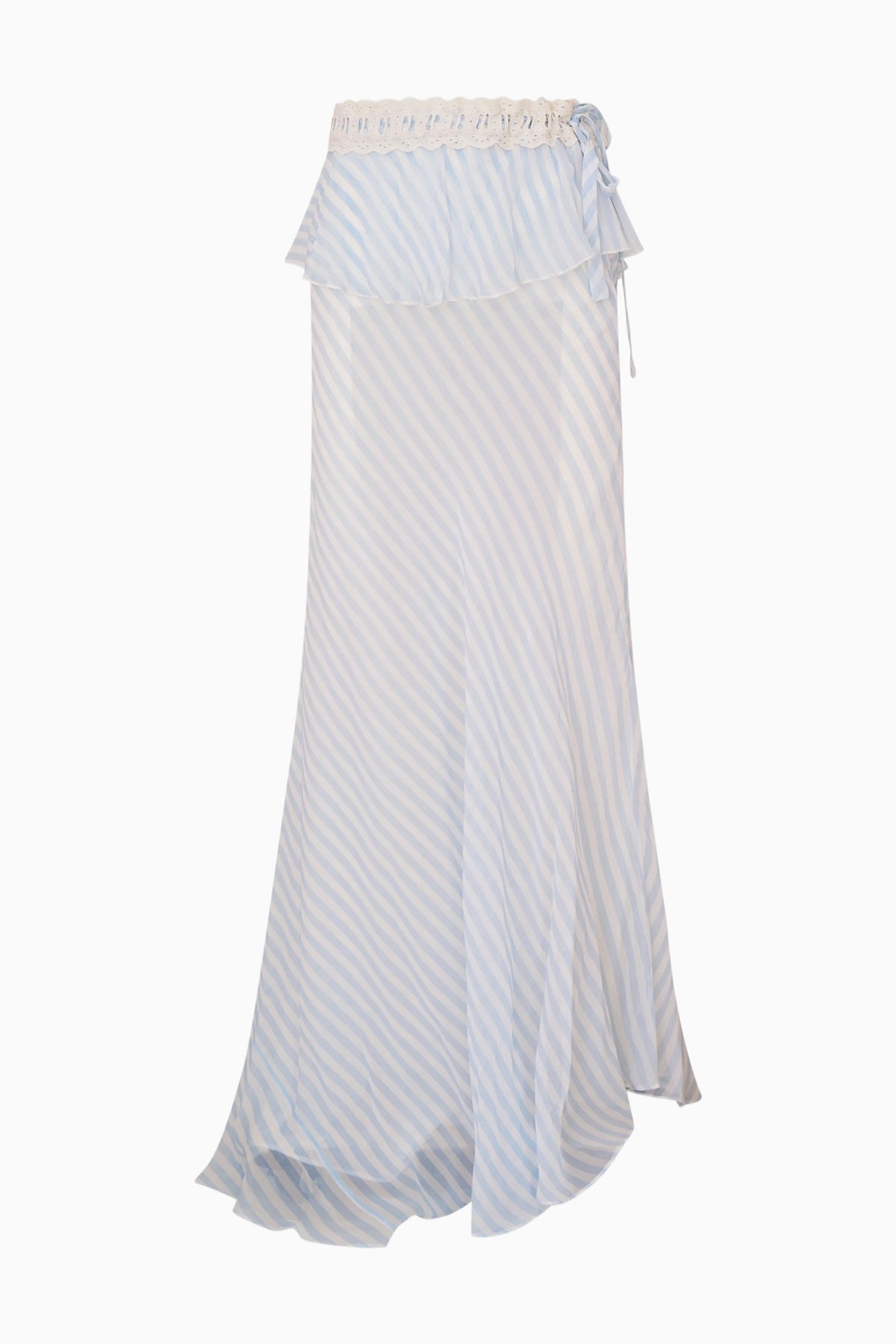Light blue and white striped chiffon maxi skirt with ruffle waist and draped tie