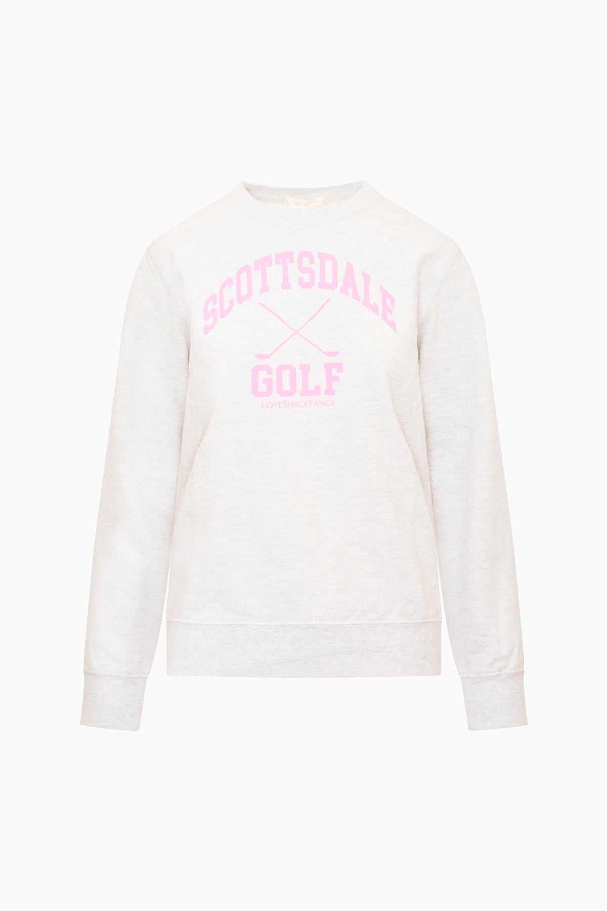 Light crewneck pullover sweatshirt with pink golf club graphic on chest