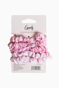 Satin scrunchie set of 5 in pink, ruffled hair ties on display card