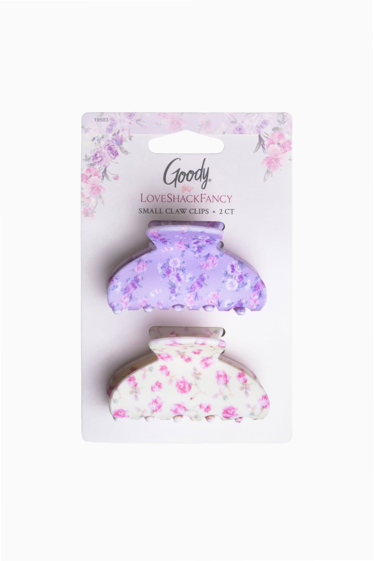 Set of two small claw hair clips in purple and pink floral designs